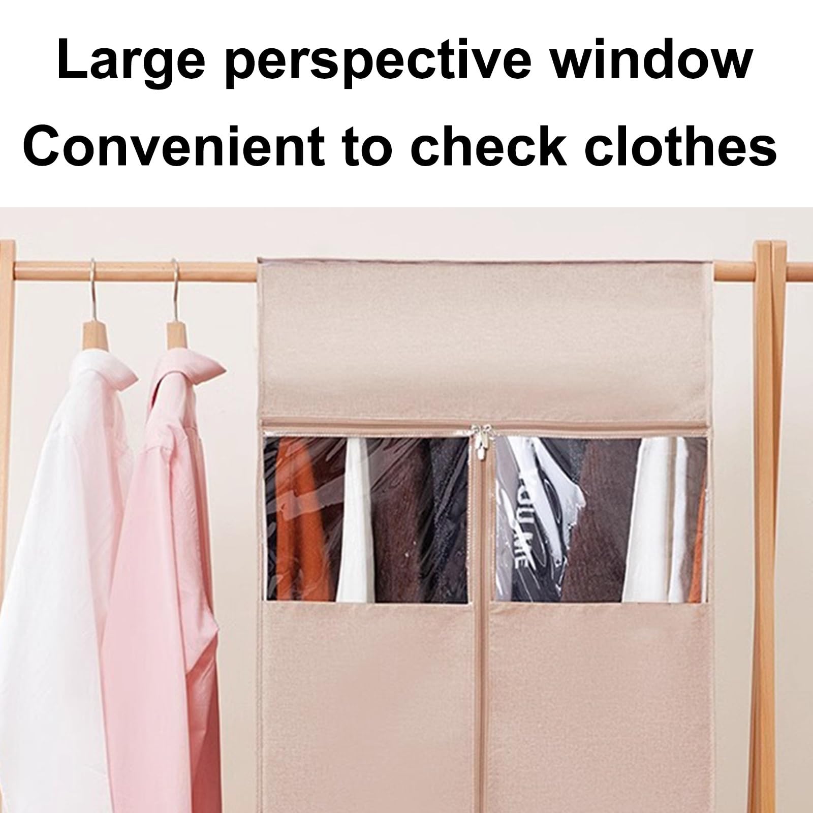 Kleidersack-Ständerabdeckung mit 3 Metallösen, zum Aufhängen von Kleidung, transparentes Fenster, Verwendung mit verschiedenen Kleiderstangen (Beige, 41 x 52 x 120 cm / 16 x 20 x 4