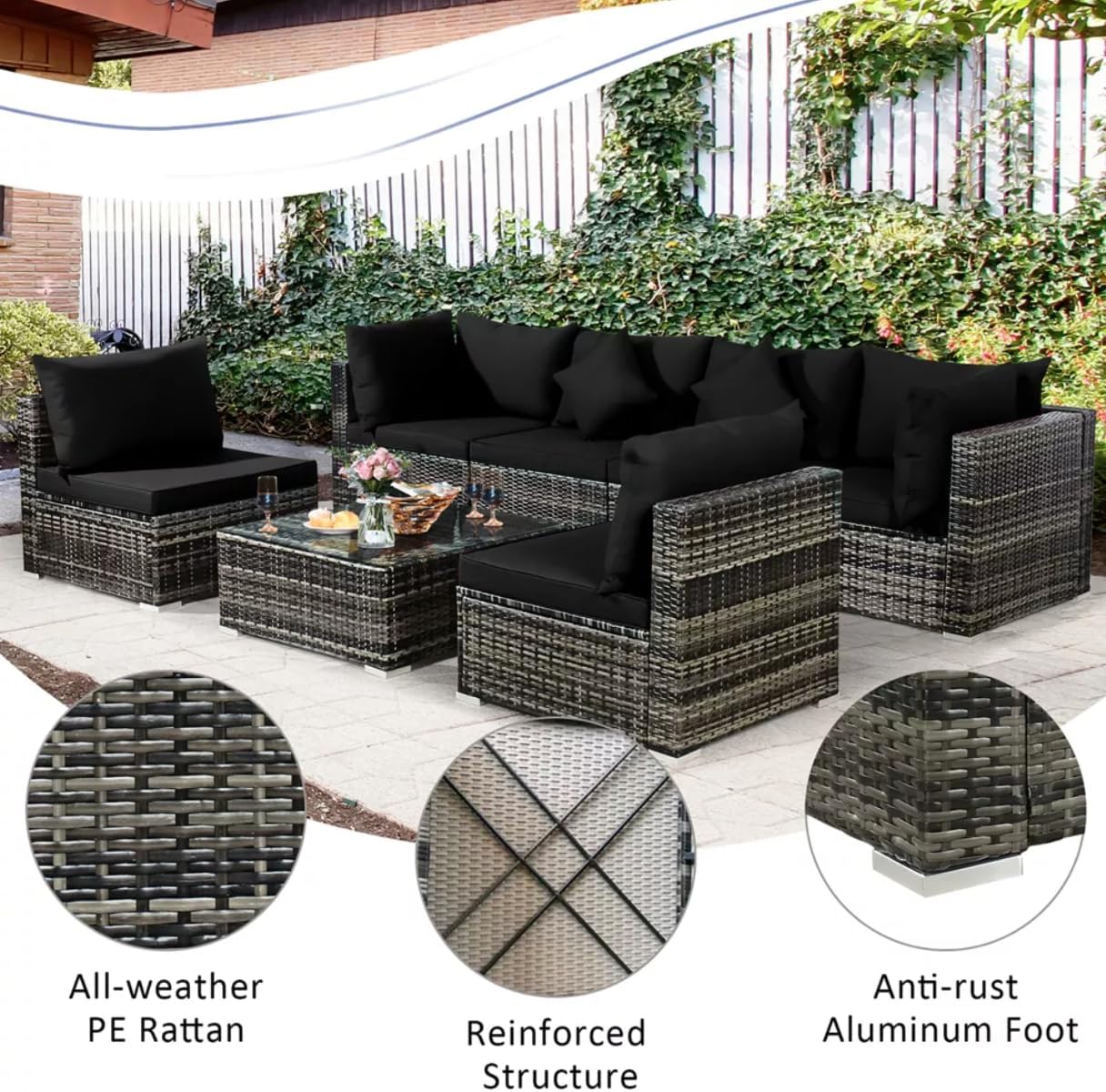 Castlebay 6pc Patio Sofa Furniture Set Pe Rattan Couch Outdoor Aluminum Cushioned Gray