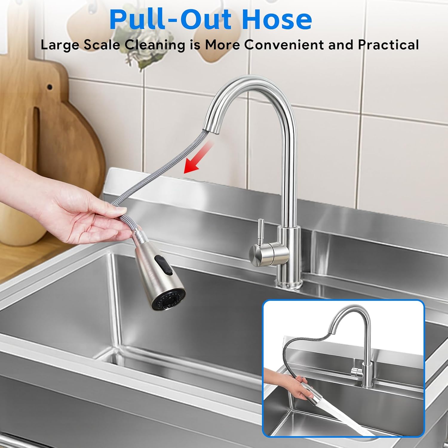 Stainless Steel Large Utility Sink Single Bowl, Freestanding Laundry Sink with Pull-Out Faucet, Utility Sink for Laundry Room, Garage, Kitchen, Outdoor/Indoor Use, 39.3" × 23.6" × 31.5"