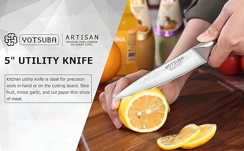 Miniatura 6 de YOTSUBA Cuchillo de chef profesional de 8 pulgadas y cuchillo utilitario de 5 pulgadas con borde súper charp mango de madera de pakkawood diseño