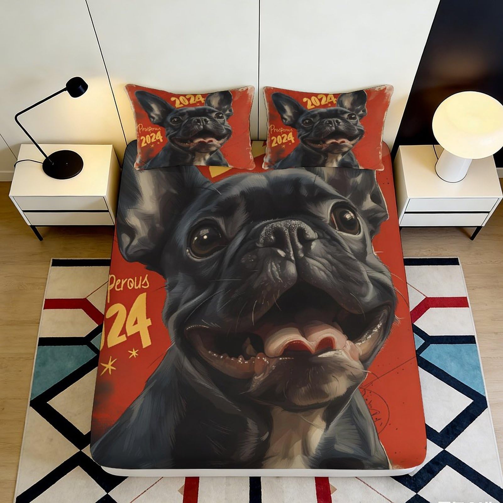 3D Printed French Bulldog Fitted Sheet Microfiber Bedroom Decor Dog Art Mattress Cover for Home Dorm Guest Room 90x200x25cm