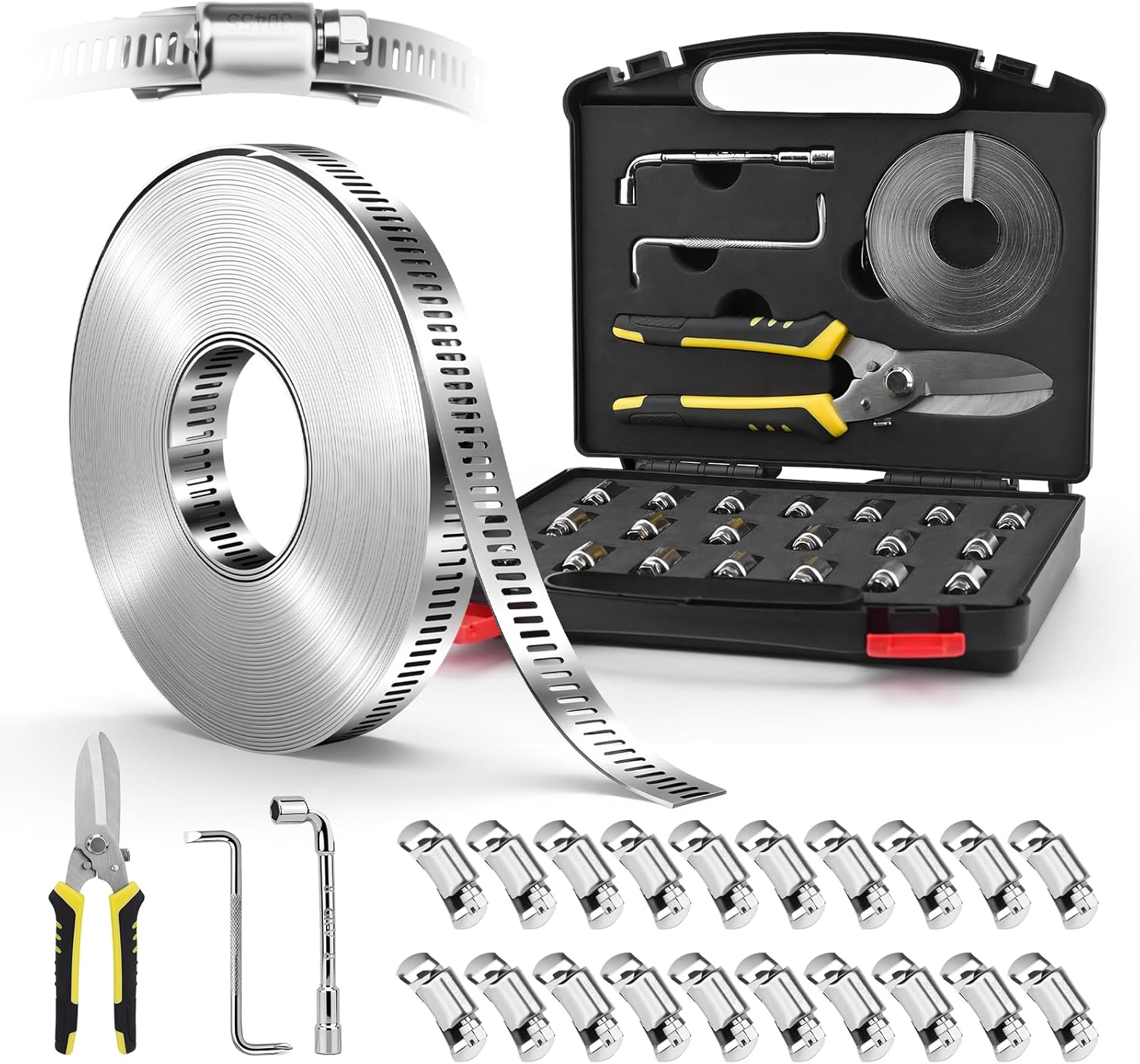 Hose Clamps Stainless Steel, Cut-To-Fit 32.81FT Metal Strap and 20 Fasteners, Worm Gear Drive Hose Clamp Metal Fuel Line Pipe Clamp for Plumbing, Automotive And Mechanical Application
