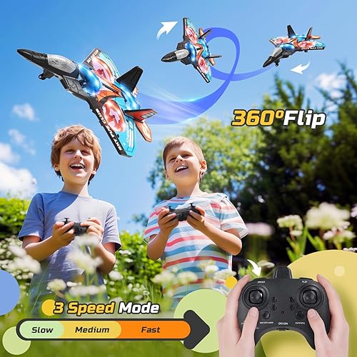 Miniatura 2 de Avión RC de espuma para niños, avión de combate con control remoto con luz LED, vuelo automático, voltereta 360°, 2 baterías (16 minutos de vuelo)