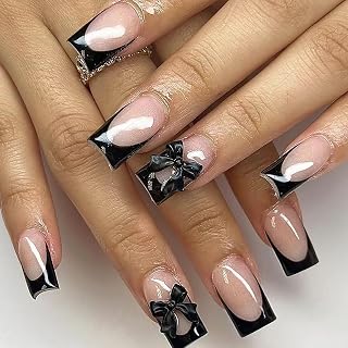 24Pcs Black French Tip Press on Nails With 3D Bow Design - Square False Glossy Full Cover Glue on Tips - Medium Coffin Fake Cute Acrylic for Women Girls