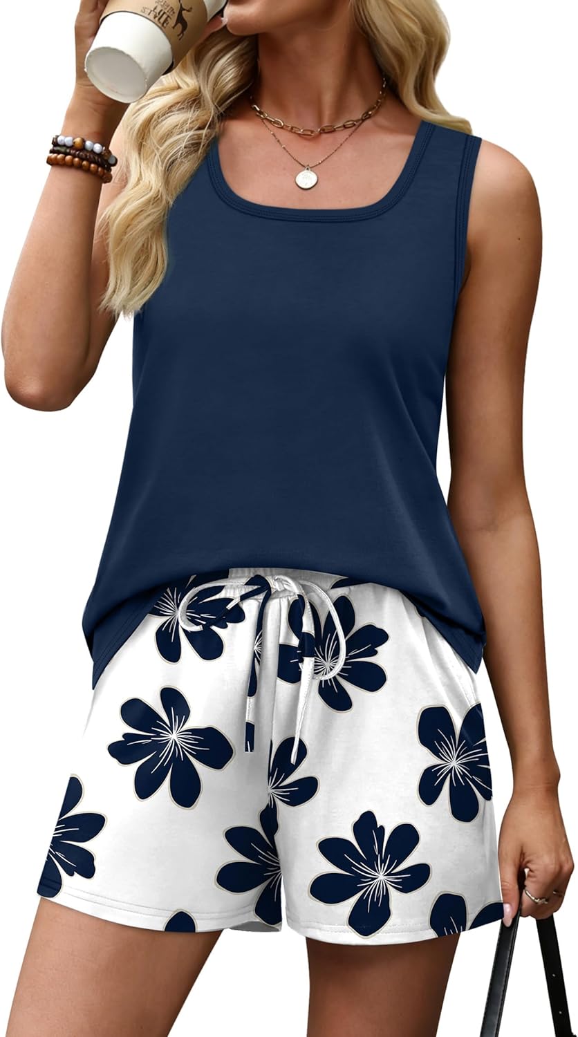 WIHOLL Two Piece Sets for Women Summer Lounge Short Sets Tank Square Neck Sleeveless Sweatsuit with Pocket