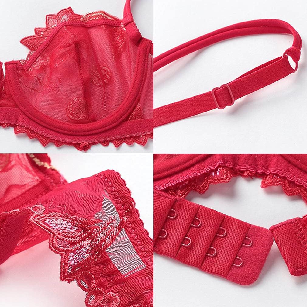 Guoeappa Women's Sexy Soft Lace Lingerie Set See Through Underwear Lace Underwire Embroidery Bra and Panty Set(Bright Red,32D) - Image 5