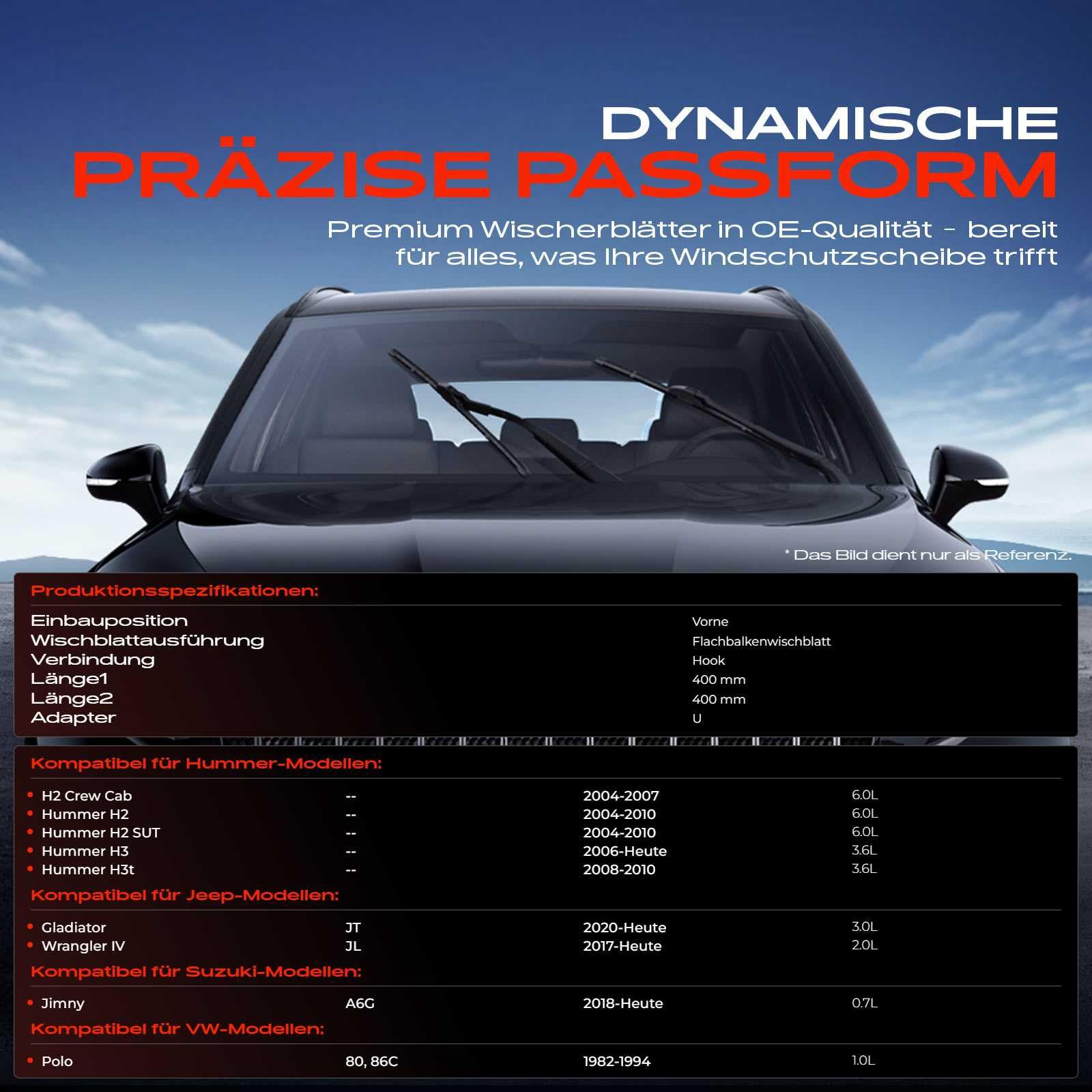 Frankberg 2x Escobillas Limpiaparabrisas 400mm/400mm, Delantero | Compatible con H2, Polo Coupé, H3, Wrangler IV, Jimny SUV Geschlossen, H3t, H2 SUT