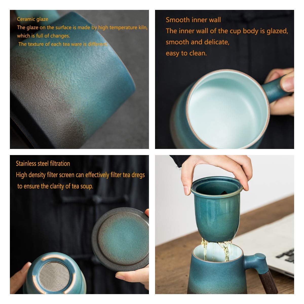 Coupe de thé en céramique avec filtre et couvercle Tasse à thé Poignée en bois 350ml,Noir