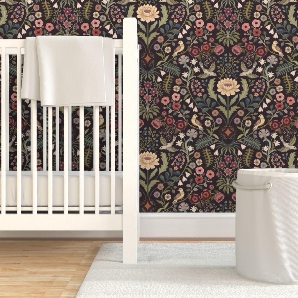 Peel & Stick Wallpaper 3ft x 2ft - Traditional Floral Folk Art Birds Victorian Green Pinks Burgundy Extra Large Custom Removable Wallpaper by Spoonflower