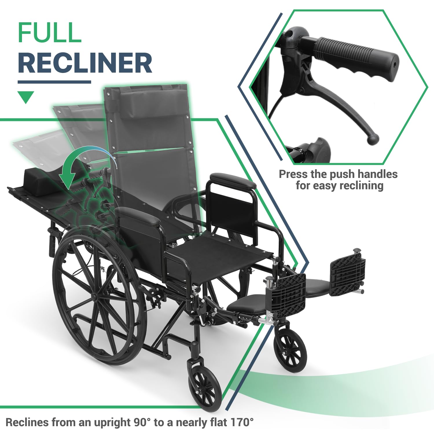 Magshion Silla de ruedas plegable con respaldo alto para adultos, 300 libras, 18.5 pulgadas, asiento reclinable, plegable, autopropulsado, silla de ruedas de transporte resistente
