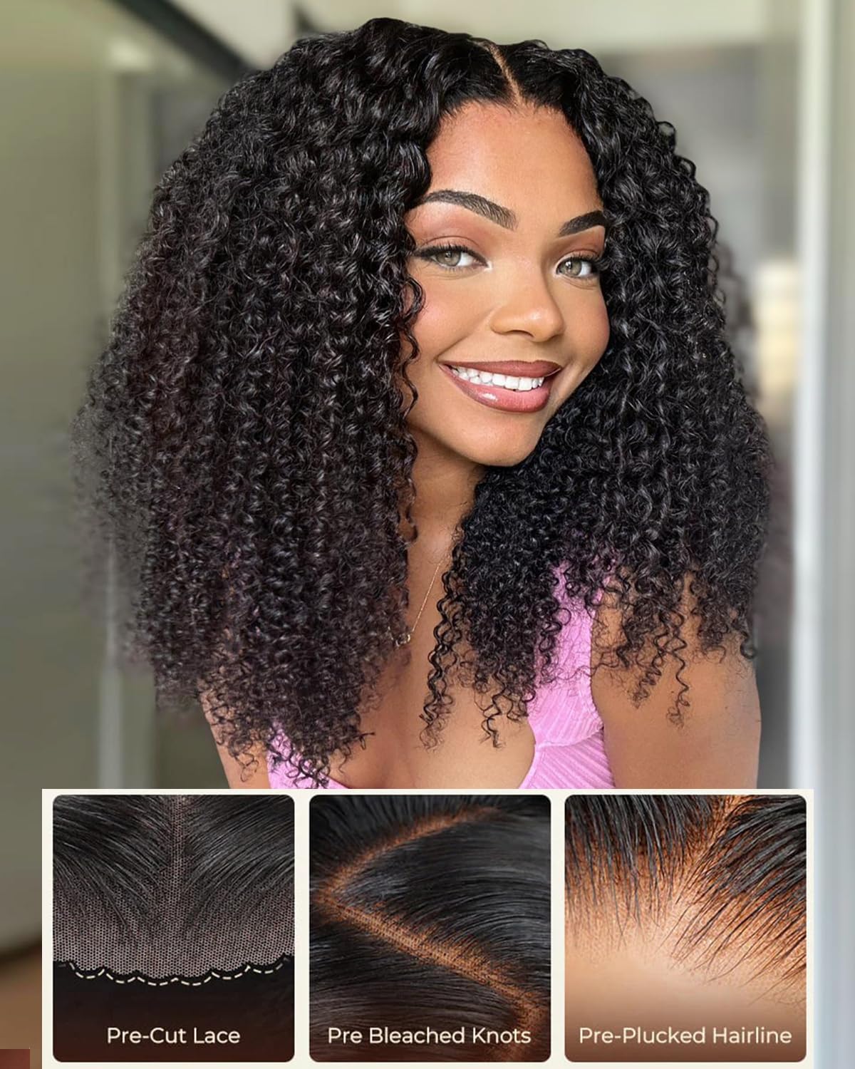 Glueless Wig Human Hair, Perücke Echthaar Damen 4x4 Lace Front Wigs for Women, 200% Density, Afro Kinky Curly Wig Human Hair, No Glue, Pre Cut Lace Wear and Go Real Hair Wig Schwarz 16 Inch