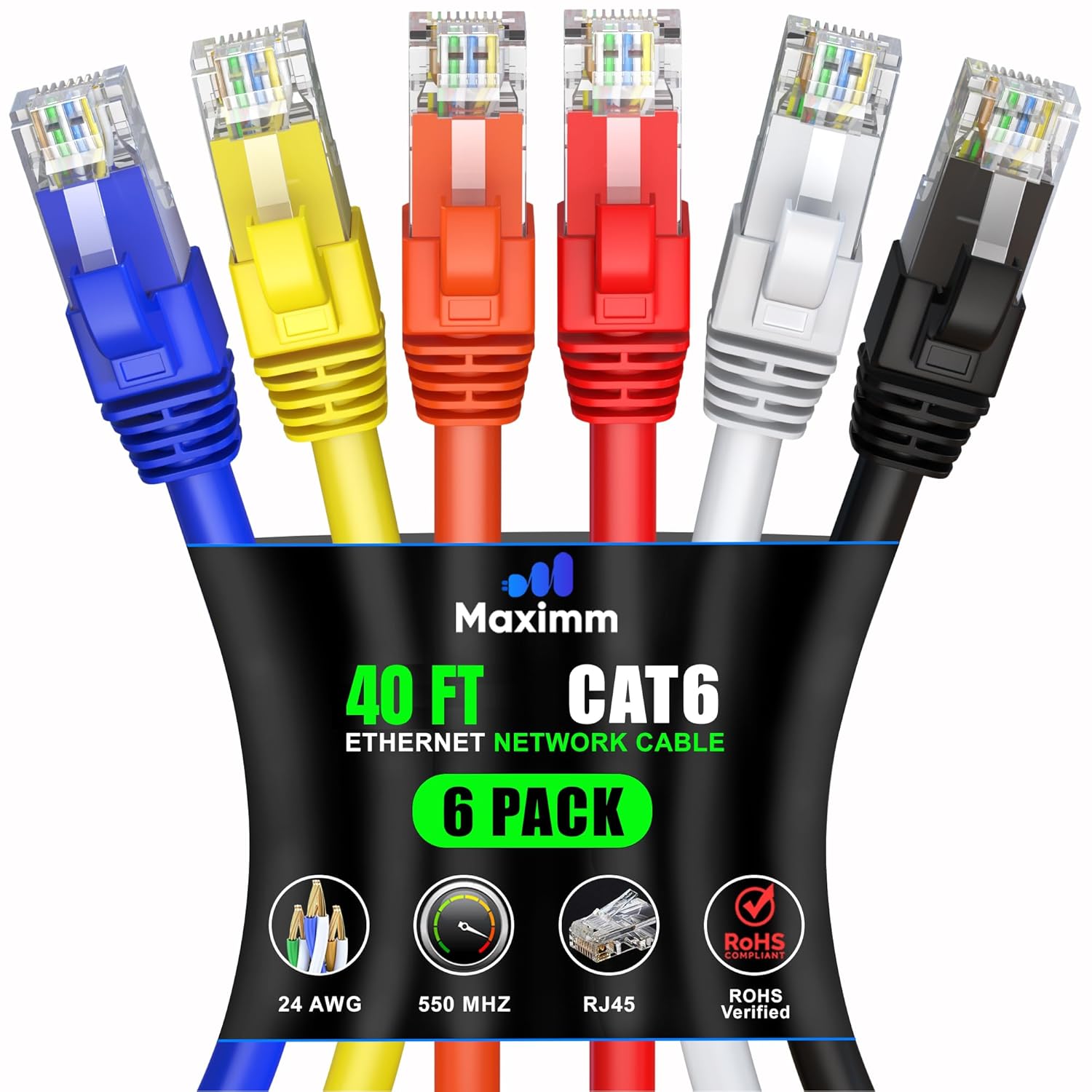 Maximm Cat 6 Ethernet Cable 40 ft (6-Pack) - High-Speed LAN Cable, Internet Cable, Patch Cable, and Network Cable - UTP, 10Gbps, 550MHz Ethernet Cord - Multicolor