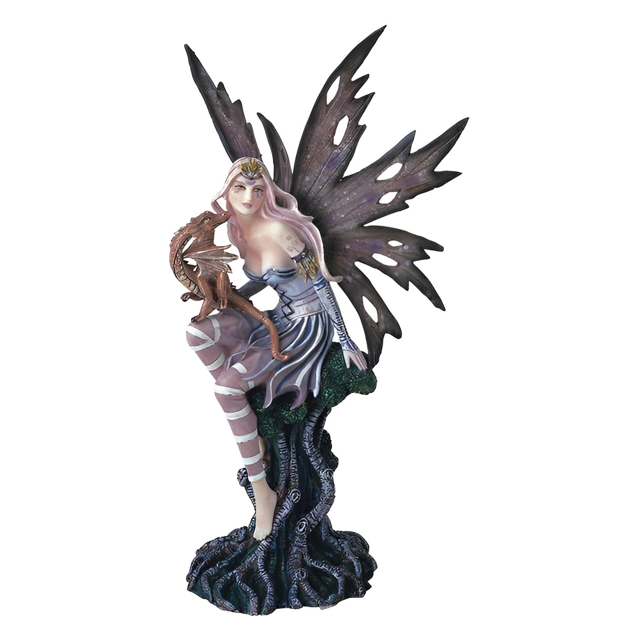 Statue de fée d'arbre d'une finition remarquable avec bébé dragon, hauteur 25,4 cm