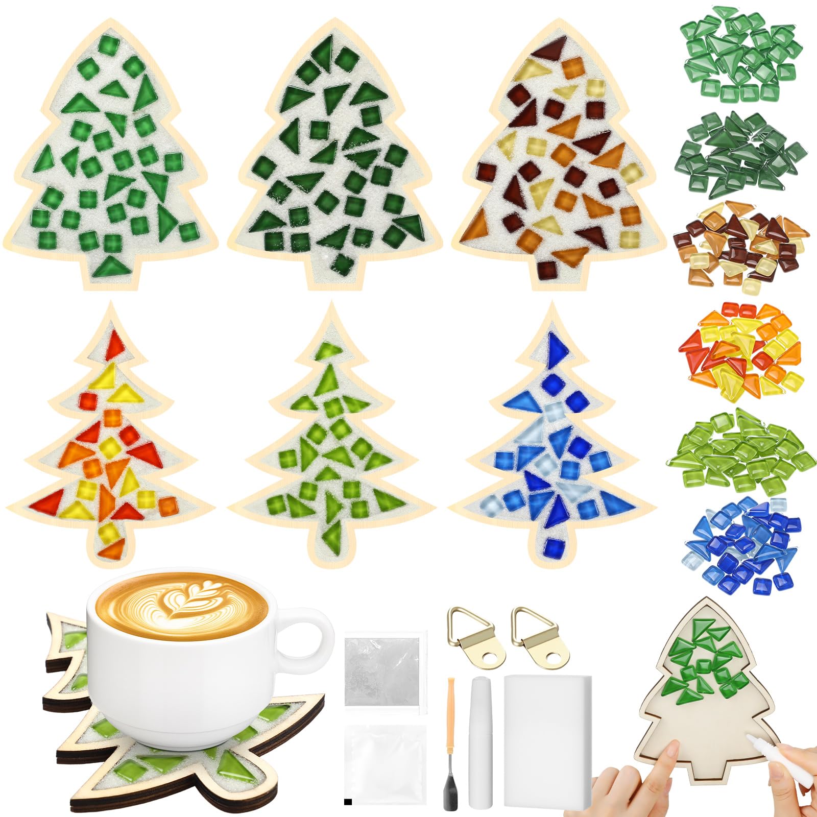 Honeydak 6 Set Glass Mosaic Tile Kit Christmas Tree Wooden Coaster Craft