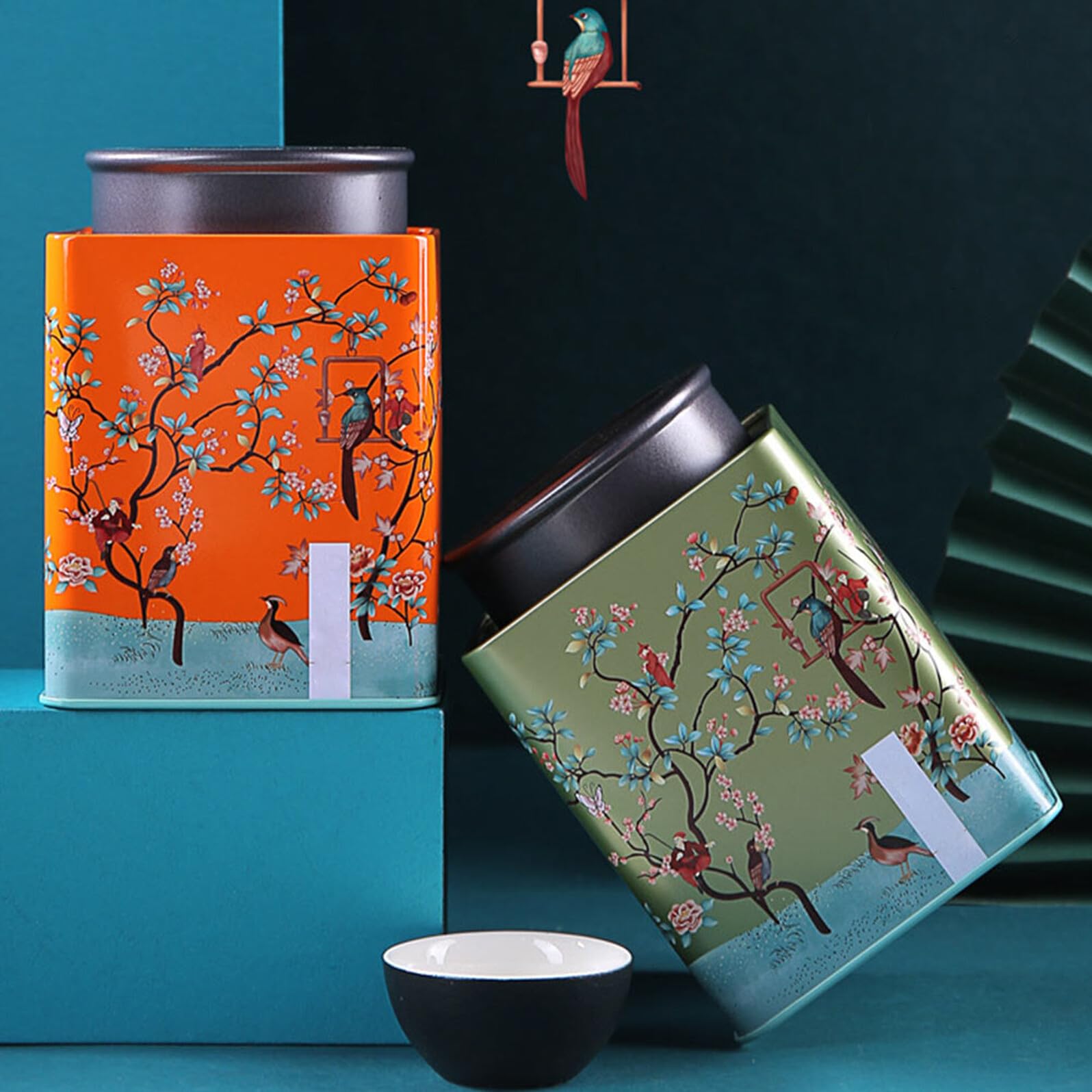 Zerodeko Lata de Té Azul y para Almacenamiento y Obsequio de Hojalata con Bolsa para Proteger y Mantener Limpias, Diseño Festivo