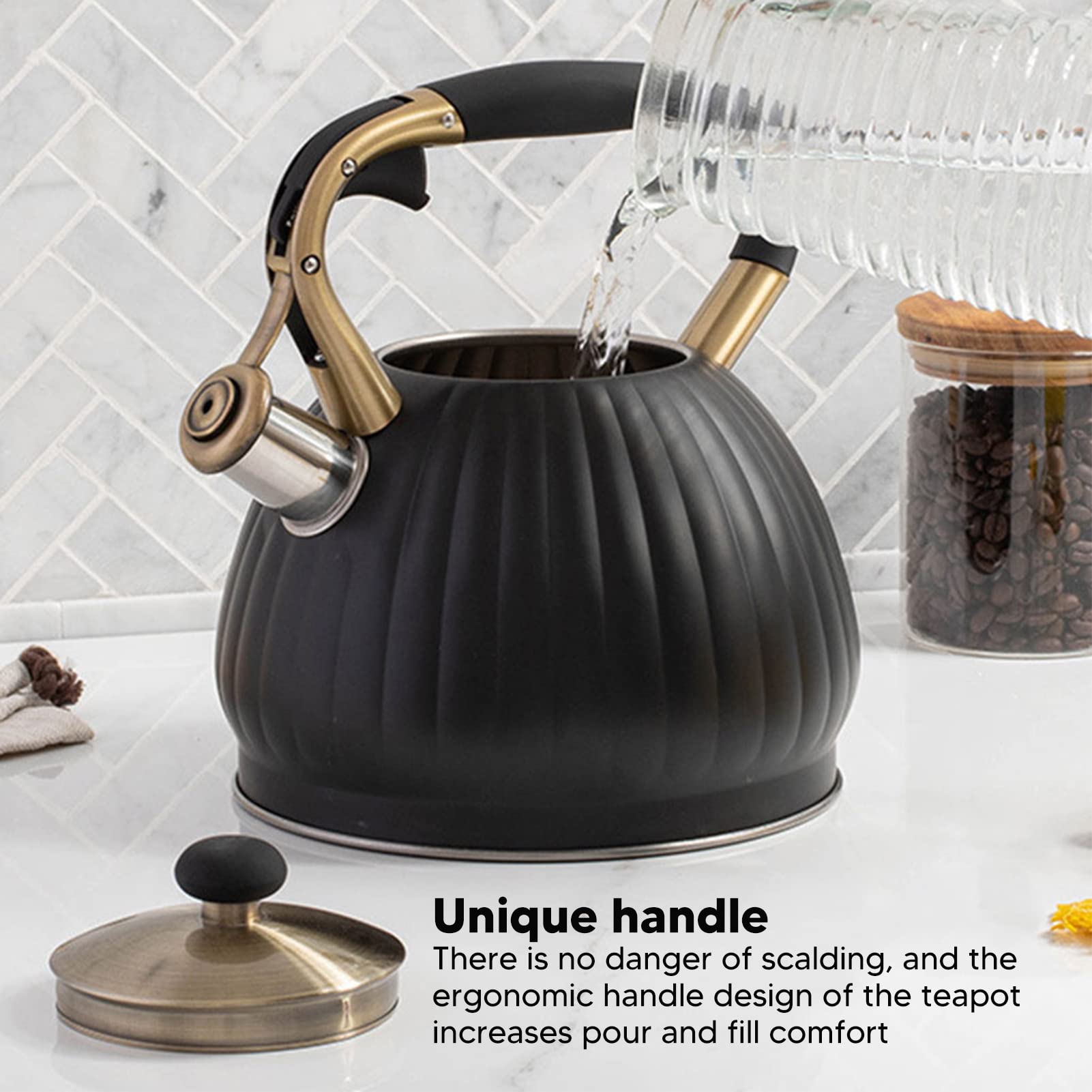 Tetera con Silbido de Acero Inoxidable, 3,5 L, Gran Capacidad, Frío Al Tacto, Tetera de Grado Alimenticio para Estufa de Gas de Inducción, Agua de Ebullición Rápida, Ergonómico, Resistente Al