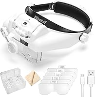 Rechargeable Headband Magnifier with LED Light 1X-14X | 6 Detachable Lenses Hands-Free for Jewelry Crafts Reading