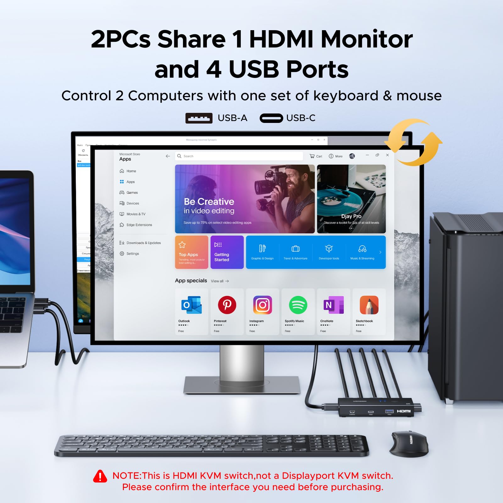 UGREEN Switch KVM HDMI 2 Entrées 1 Sorties 4K 60Hz Double Affichage Commutateur KVM USB 3A +1C 3.0 5Gbps pour Clavier Souris Disque Dur Contrôleur de Bureau Câbles USB Inclus