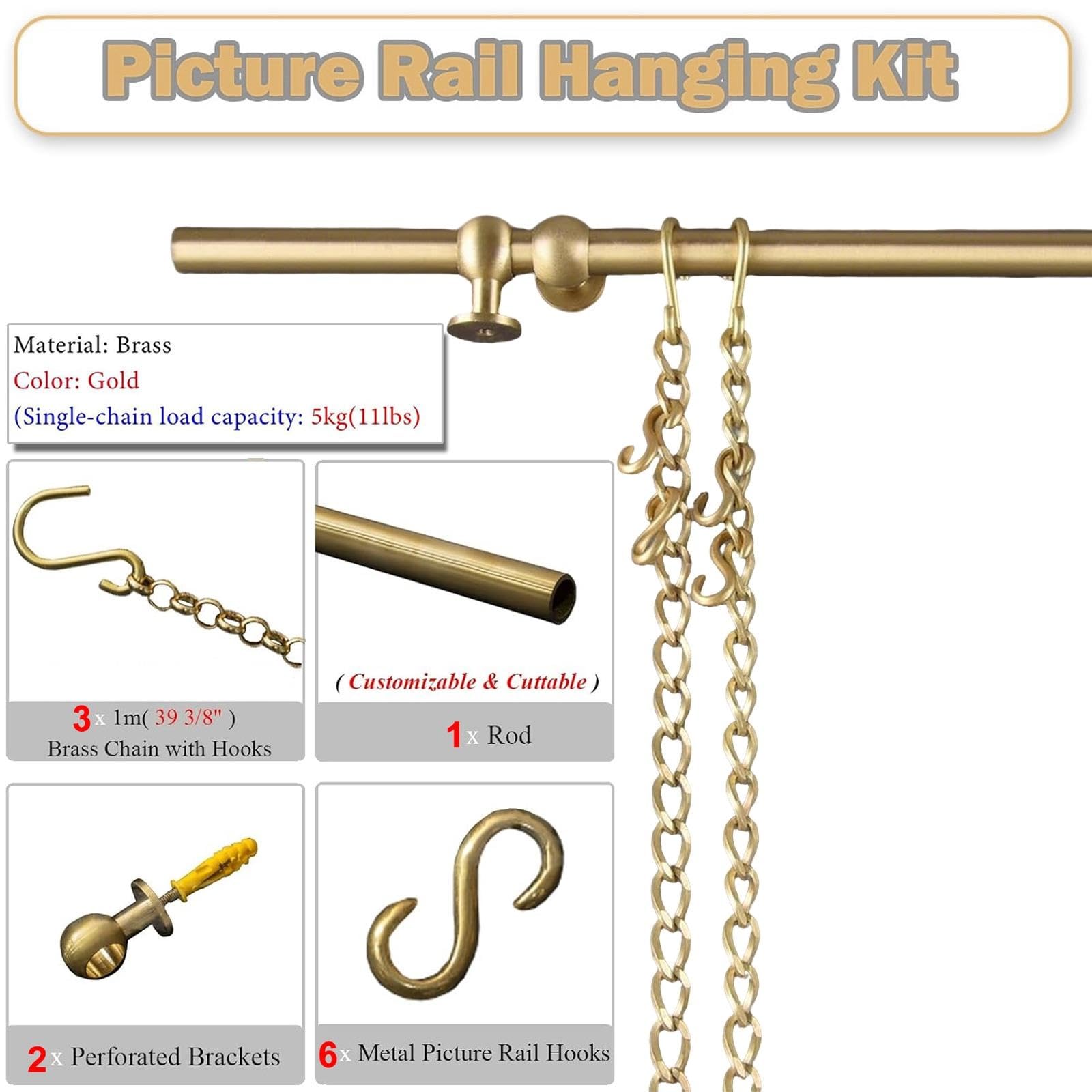 ROFBIHG Metall-Bilderschienen Galerieschienen Messing Bilderschienen, mit Haken(2.15m (84.6in))