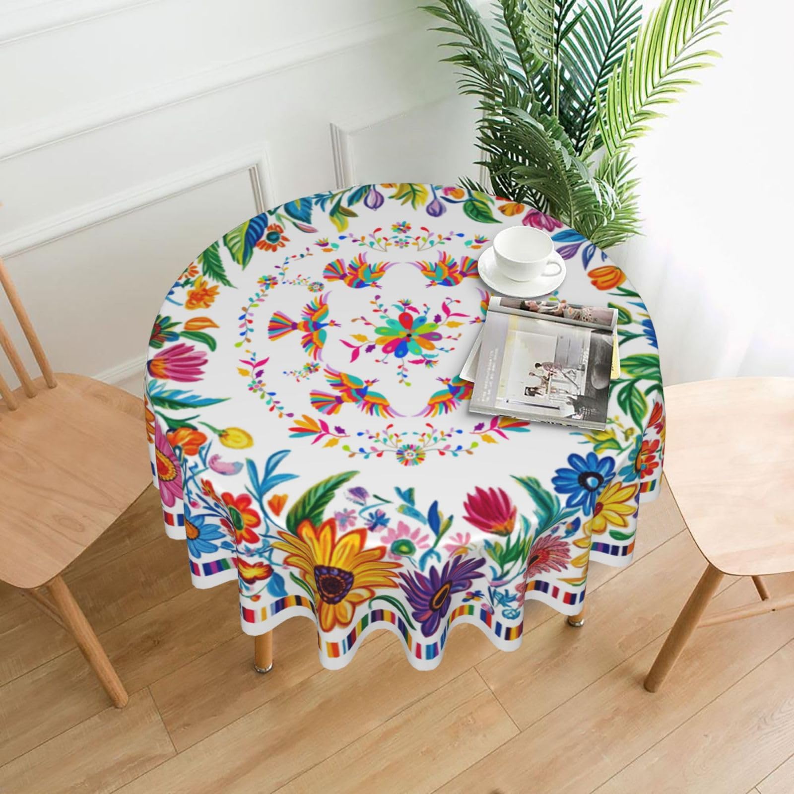 mutakin Mexican Floral Birds Tablecloth Mexico Round Table Cover Washable Table Cloth for Home Kitchen Party Picnic 60 Inch