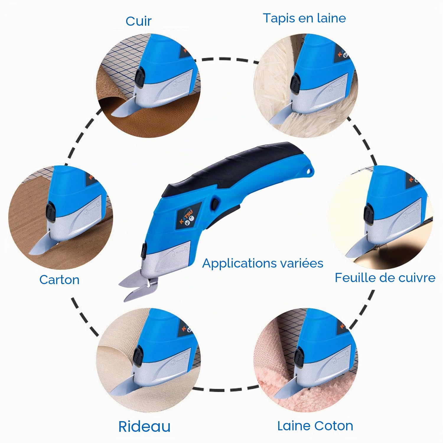 KATSU Tools Ciseaux à Tissu électriques 3,6V Ciseaux à Main en Tissu Coupe-tissu sans Fil avec 2 Têtes de Coupe en Alliage d'Acier pour Papier Cuir Artisanat Tapis