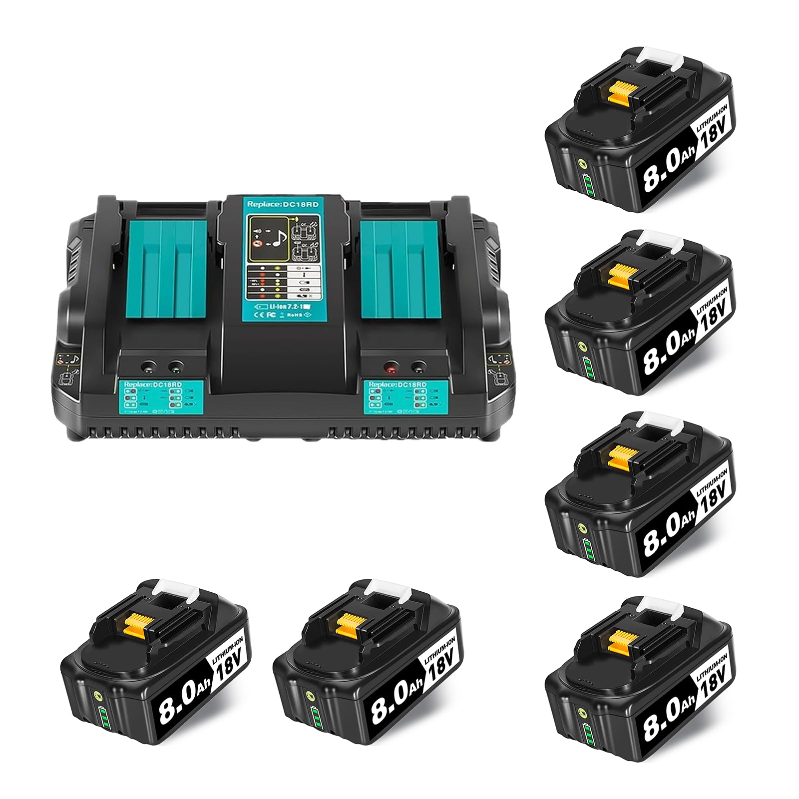 6 Stück 8.0 Ah/8000mAh Ersatzakku für Makita Akku 18v mit Ladegerät DC18RD,Li-ion Akku für Makita Akku BL1860B BL1860 BL1850B BL1850 BL1845 BL1890 BL1830 BL1415 BL1430 194205-3 LXT-400
