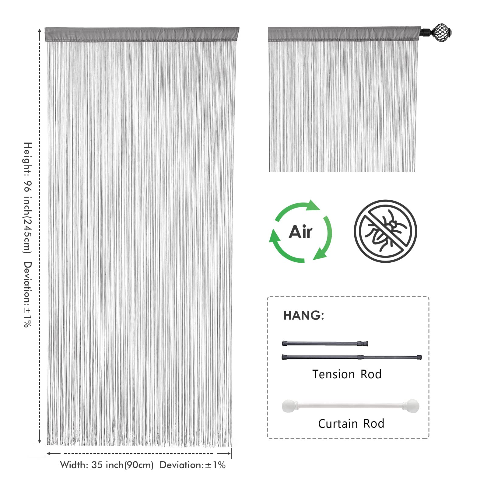 MIULEE Tenda a Filo Tende per Porta Tenda con Perline Protezione contro gli Insetti Il Design del Palo per Divisorio per Finestre, Balcone, Camera da Letto, Matrimonio, 90 cm x 245 cm Grigio