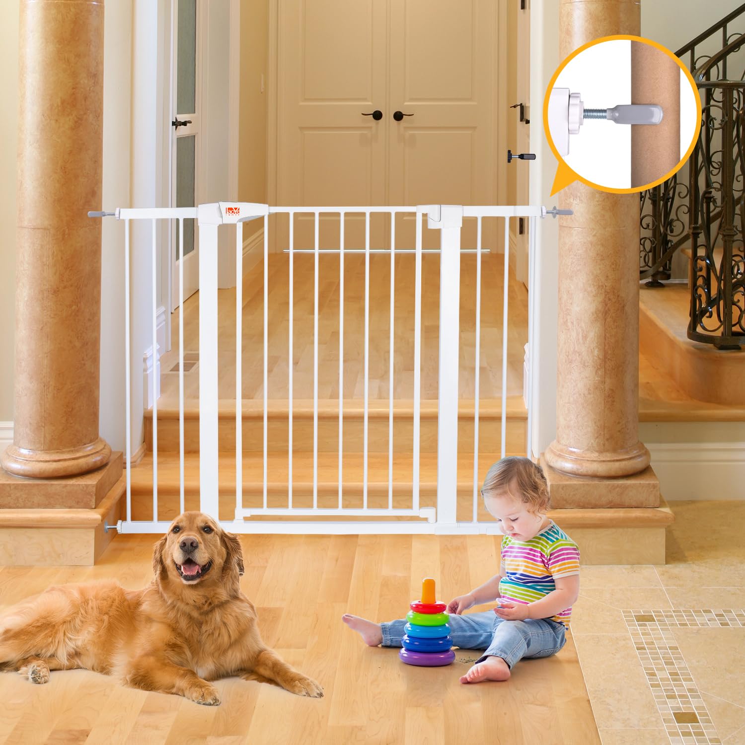 LAOYE cancelletto per bambini, Cancelletto per scale senza trapano, altezza extra alta 92 cm, larghezza 75-124 cm con 3 estensioni, per bambini, cani gatti, chiusura automatica arresto a 90°-Bianco