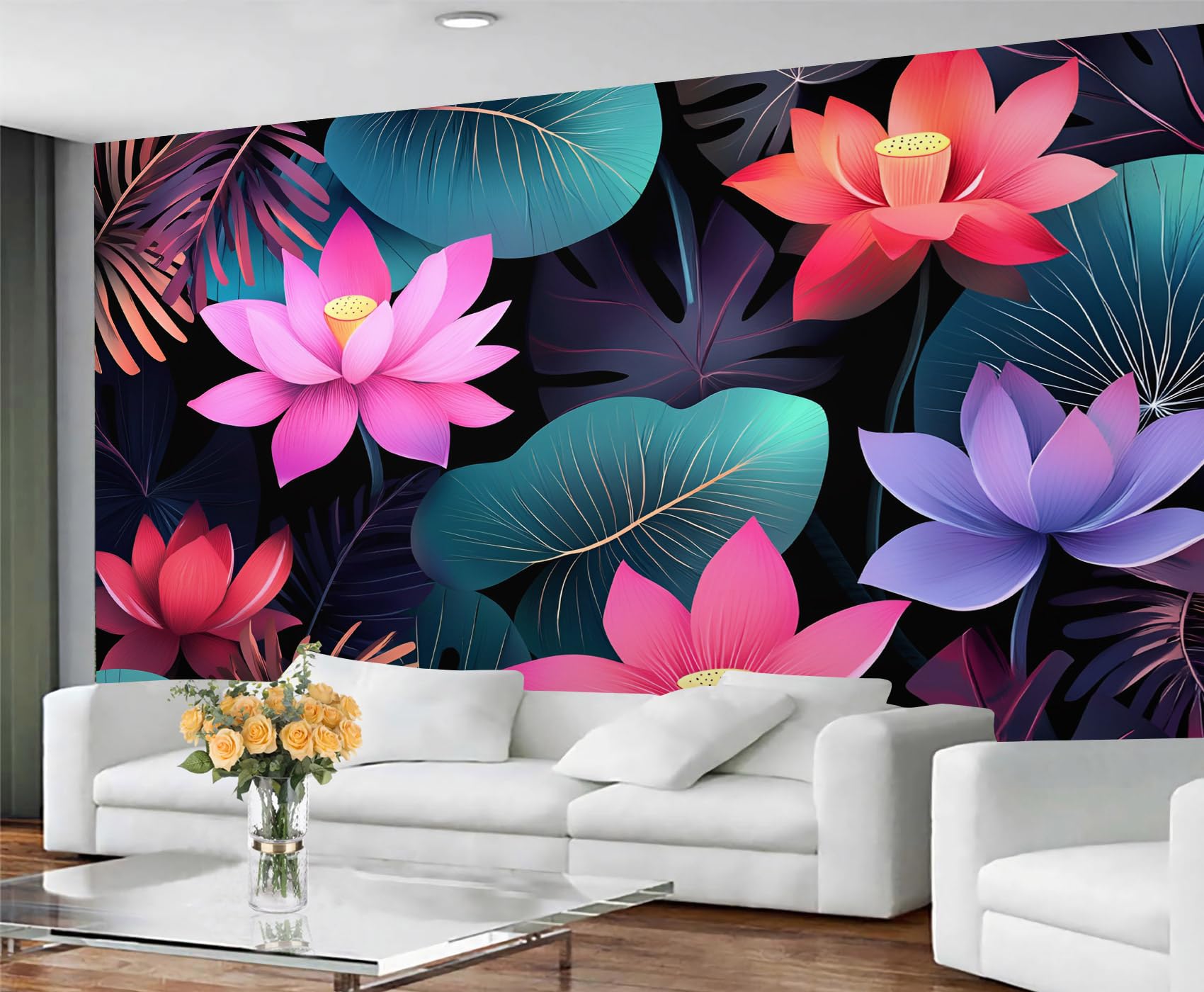 GIVLWF Wallpaper Lotus Home Decor & Mural, Modern Floral Bedroom Wallpaper, 3D Florals Wall Paper for Living Room, Large Wall Mural - Not Self-Adhesive
