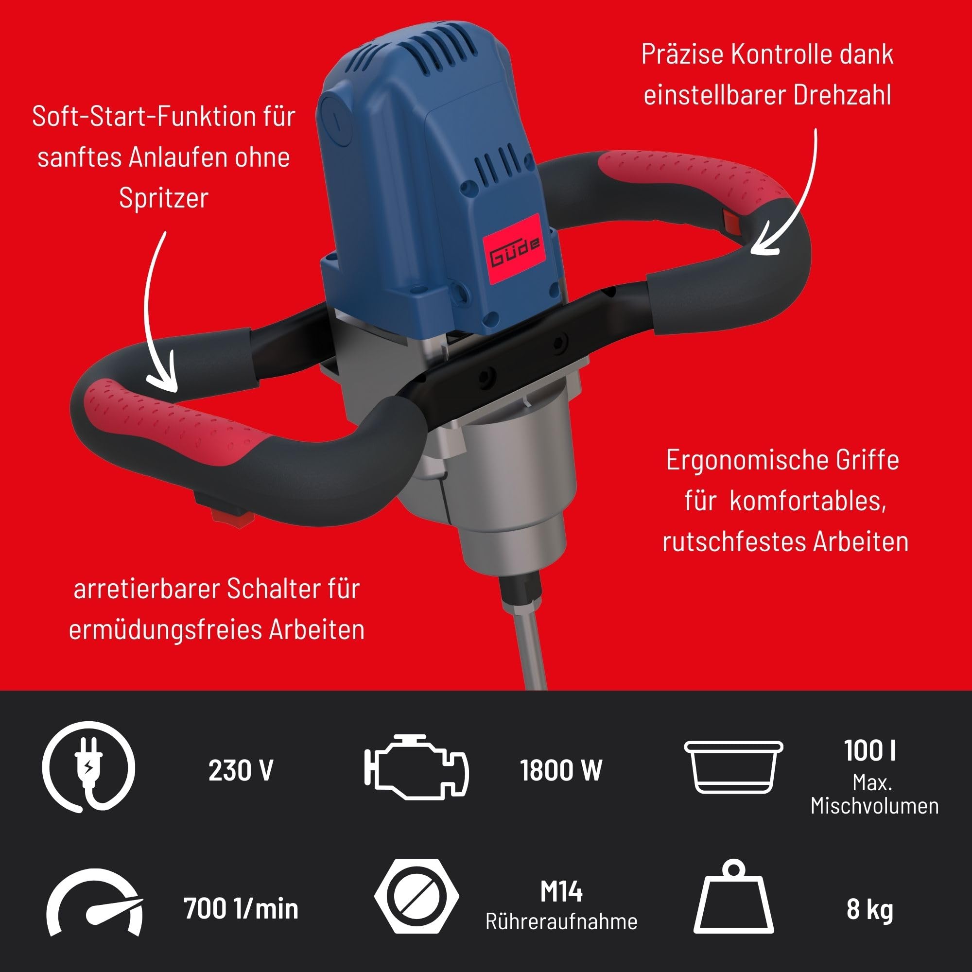 Güde Agitateur GRW 1800 (1800 W, 230 V, volume de mélange : 100 l, avec 2 accessoires de mélange)