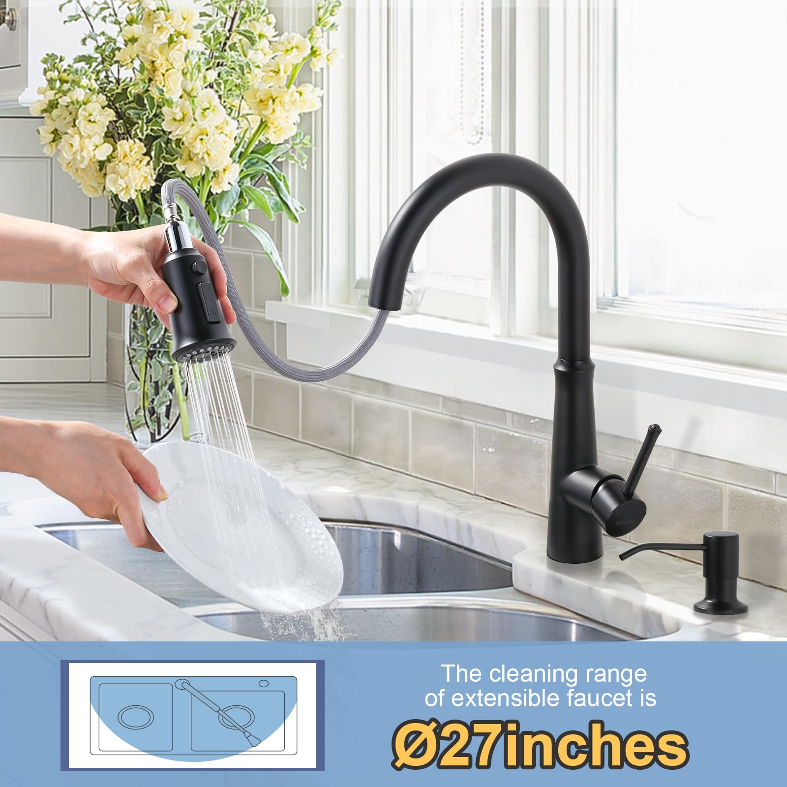 WOWOW Grifo de cocina con rociador, grifo de cocina de acero inoxidable de arco alto negro con pulverizador extraíble para fregadero de 2 o 4 agujeros, grifo de fregadero de cocina extraíble con placa