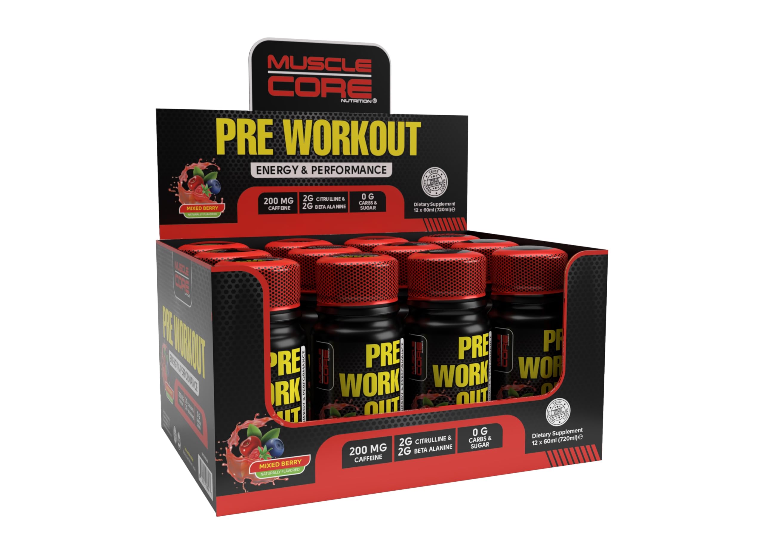 Muscle Core Pre Workout Shots 60 Ml x Pack Of 12 | With 200 Mg Caffeine, Zero Carbs & Sugar | For Quick Energy Boost | Aids in Muscle Repair | Increase Strength & Power | Mixed Berry Flavor