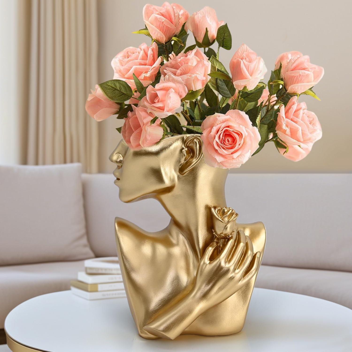 Jarrones dorados para centros de mesa, decoración estética del hogar, sala de estar, decoración de ramo, maceta, mesa de café, oficina, estatua de mujer, regalo para mamá, madre, hermana