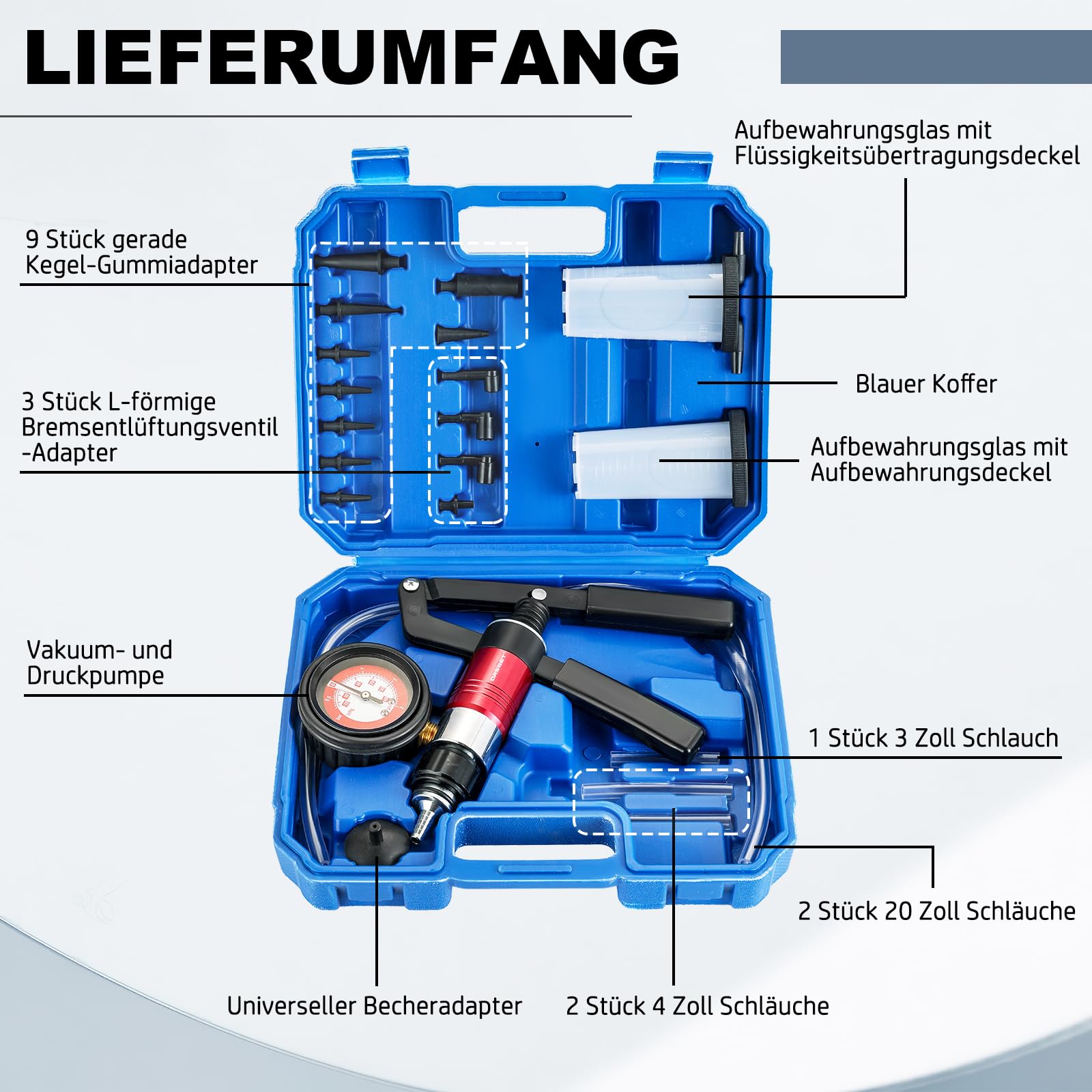 DASBET 23TLG Vakuumpumpe Bremsenentlüfter Set, Hand Unterdruckpumpe mit Druckprüfer & Adaptern, Vakuum Tester für Auto Motorrad Kfz Bremsen Entlüften mit Koffer