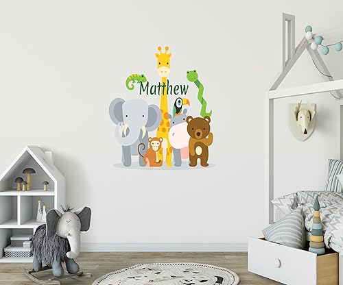 Miniatura 5 de Calcomanía de pared con nombre personalizado de animales de la selva, diseño de animales de zoológico de safari para bebé, calcomanía de pared para