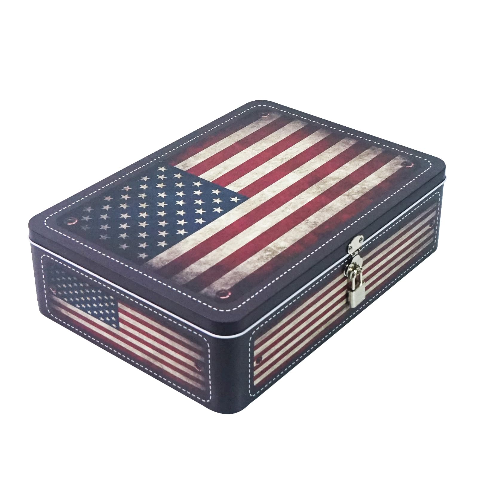 DreamsEden Vintage American Flag Keepsake Box with Hinged Lid and Small Lock, Large Letter Size, Tin Sheet Metal - Storage Memory Box for Keepsakes, Cards, Letters, Seed, Patriotic Decor (USA Flag)