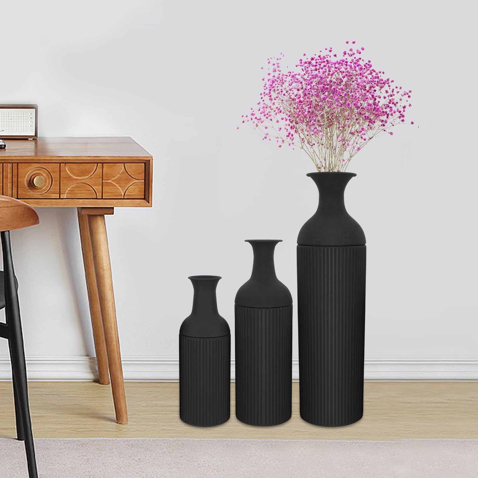 Set di 3 vasi da fiori grandi da pavimento, in metallo, moderno, per soggiorno, camera da letto, sala da pranzo, corridoio, 67/50/40 cm (nero)
