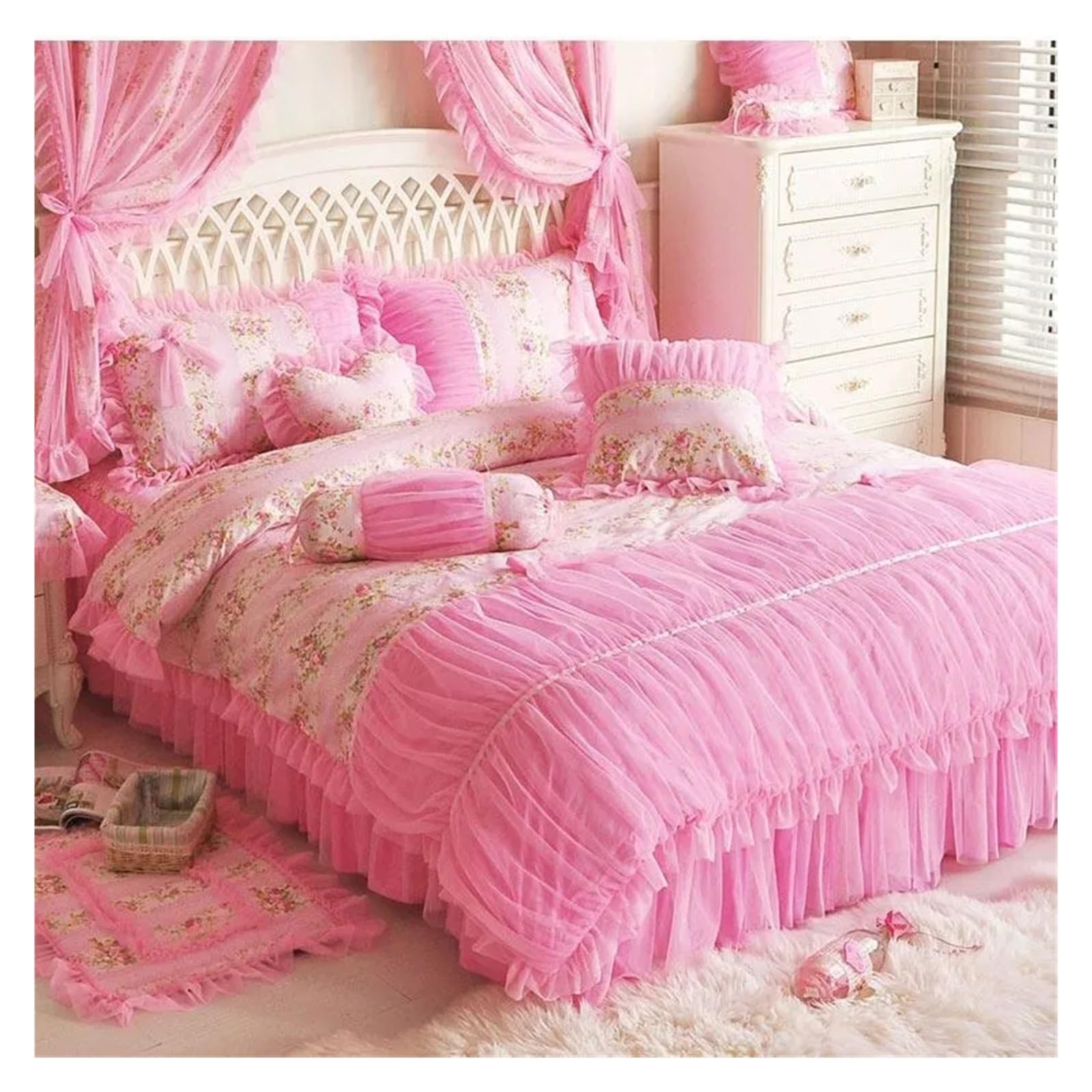 Juego de cama de algodón púrpura queen con falda y encaje floral
