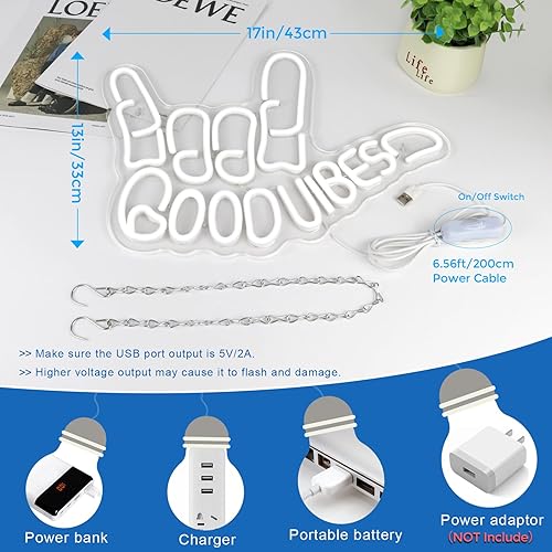 Vista 5 de Good Vibes - Letrero de neón regulable con interruptor de encendido/apagado, letreros de neón alimentados por USB para decoración de pared, letreros