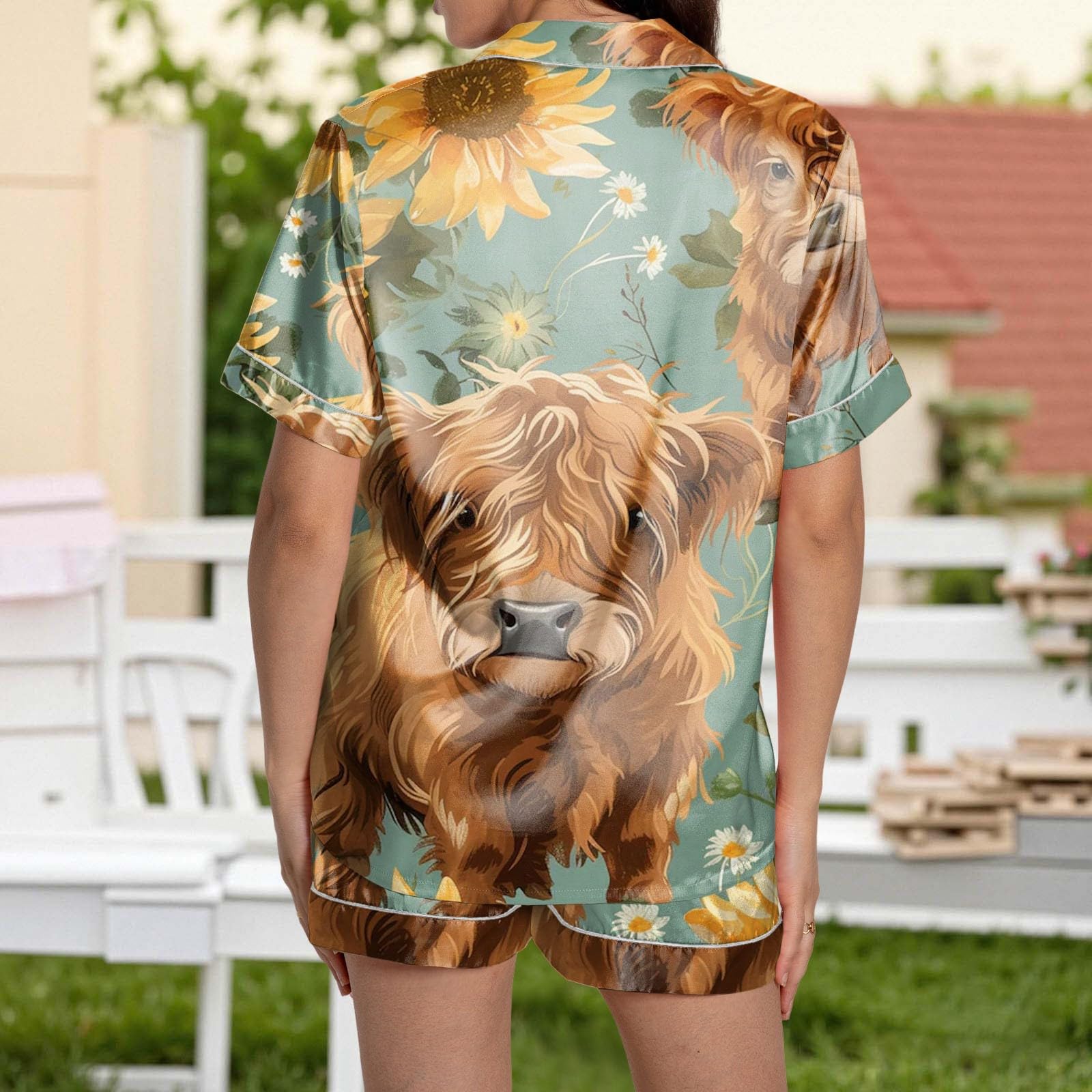 Generisch Lujosa ropa de salón con estampado floral, camiseta de manga corta con botones y pantalones cortos con cintura elástica, pijama de satén suave para dormir y relajarse cómodamente en casa