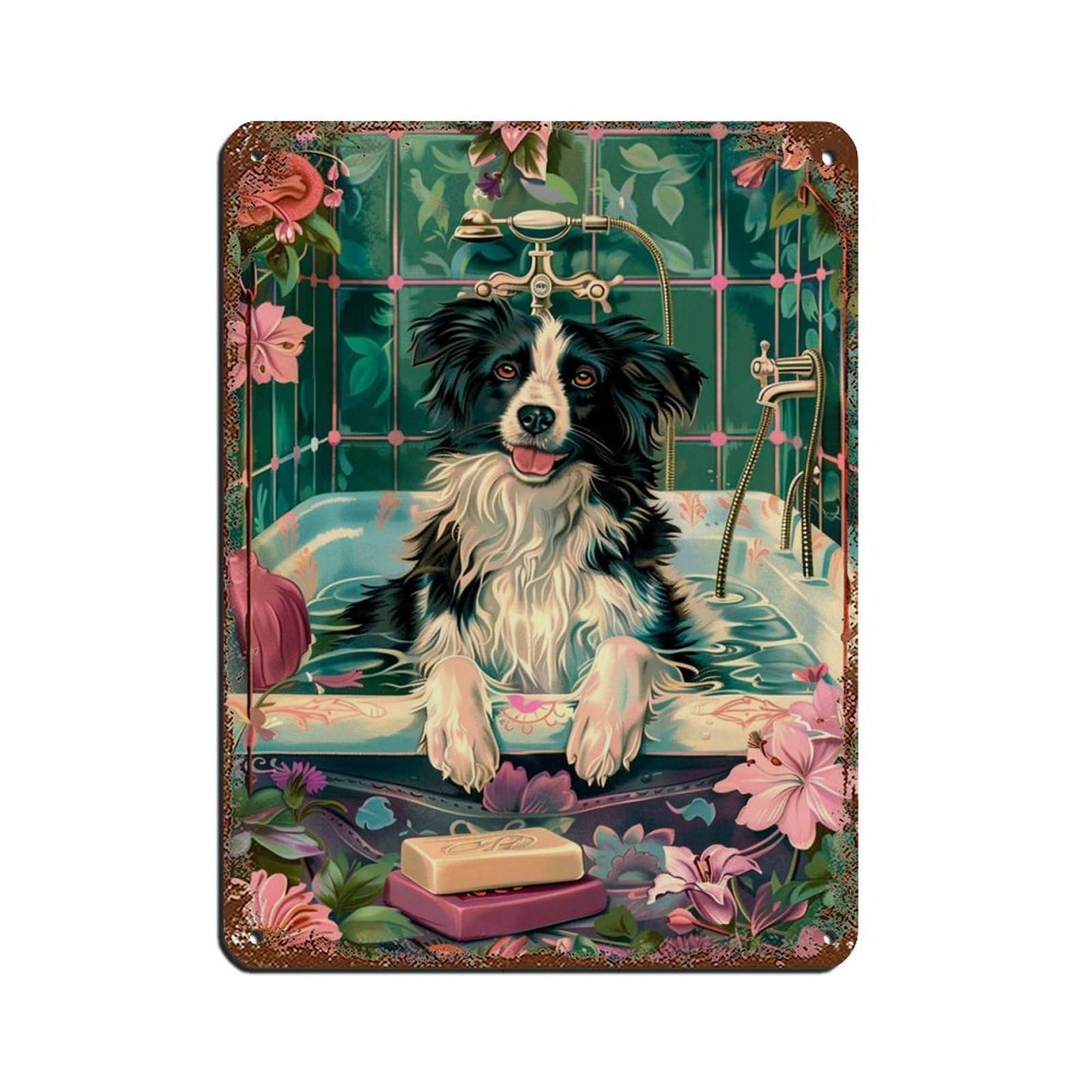 Border Collie in Bath Fun Bathroom Art (2) Tin Sign Vintage Metal Pub Club Cafe Bar Home Wall Art Decoration Poster Retro 12x16inch(30x40cm)