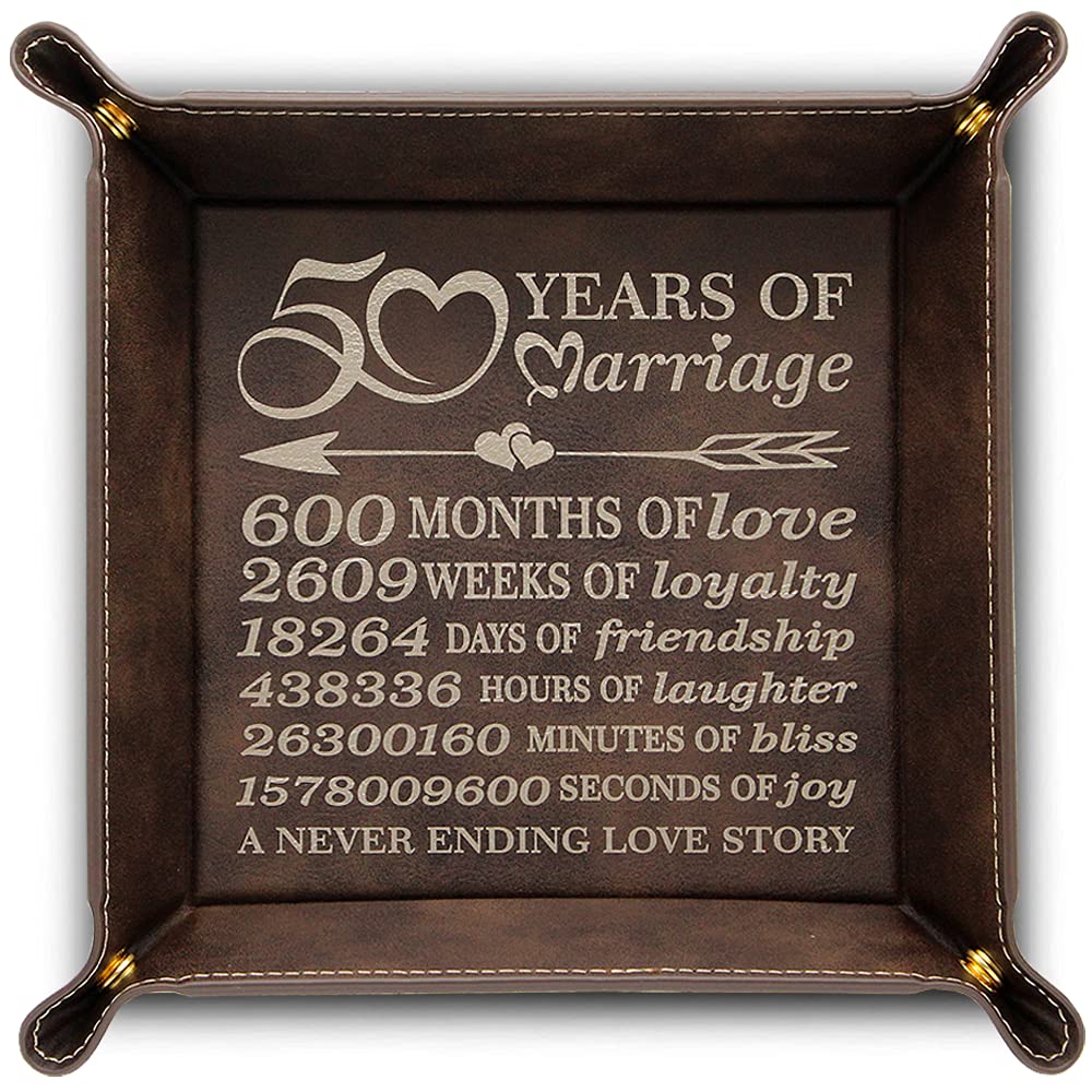 Bella Busta- 50 Years of Marriage- 50th Anniversary for Couple, Husband, Wife, Parents- Engraved Gold Color on Brown Leather Tray (Brown)