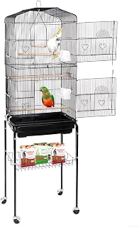 Nova Microdermabrasion 63" Detachable Rolling Bird Cage for Cockatiel, Sun Conure, Parakeet, Finch - Wrought Iron Stand, Safe 0.4" Bars