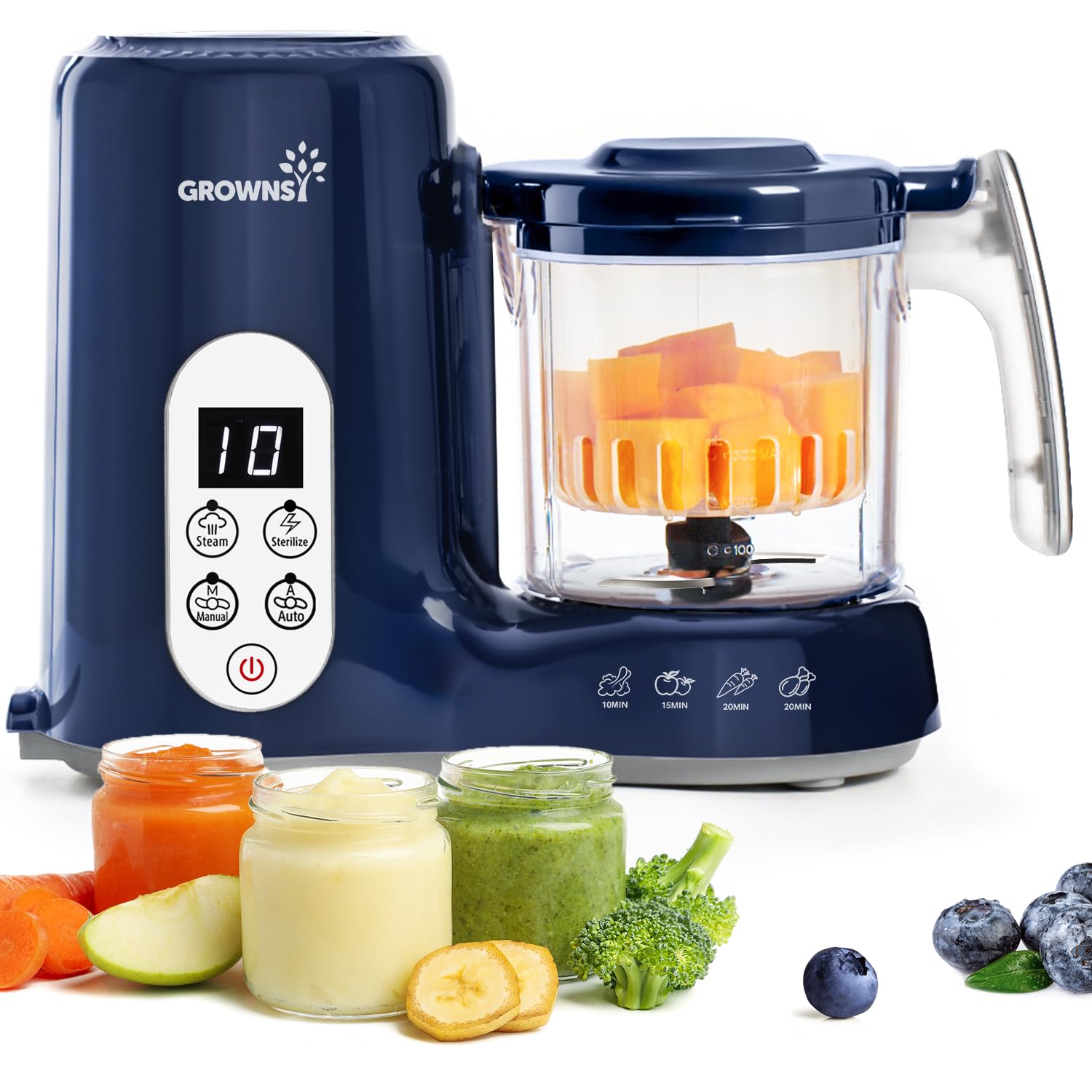 Photo 1 of Grownsy Baby Food Maker with Steam Basket, One Step Baby Food Processor Steamer Puree Blender Grinder Mills Machine, Auto Cooking Grinding and Sterili-zing for Healthy Homemade Baby Food, Dark Blue