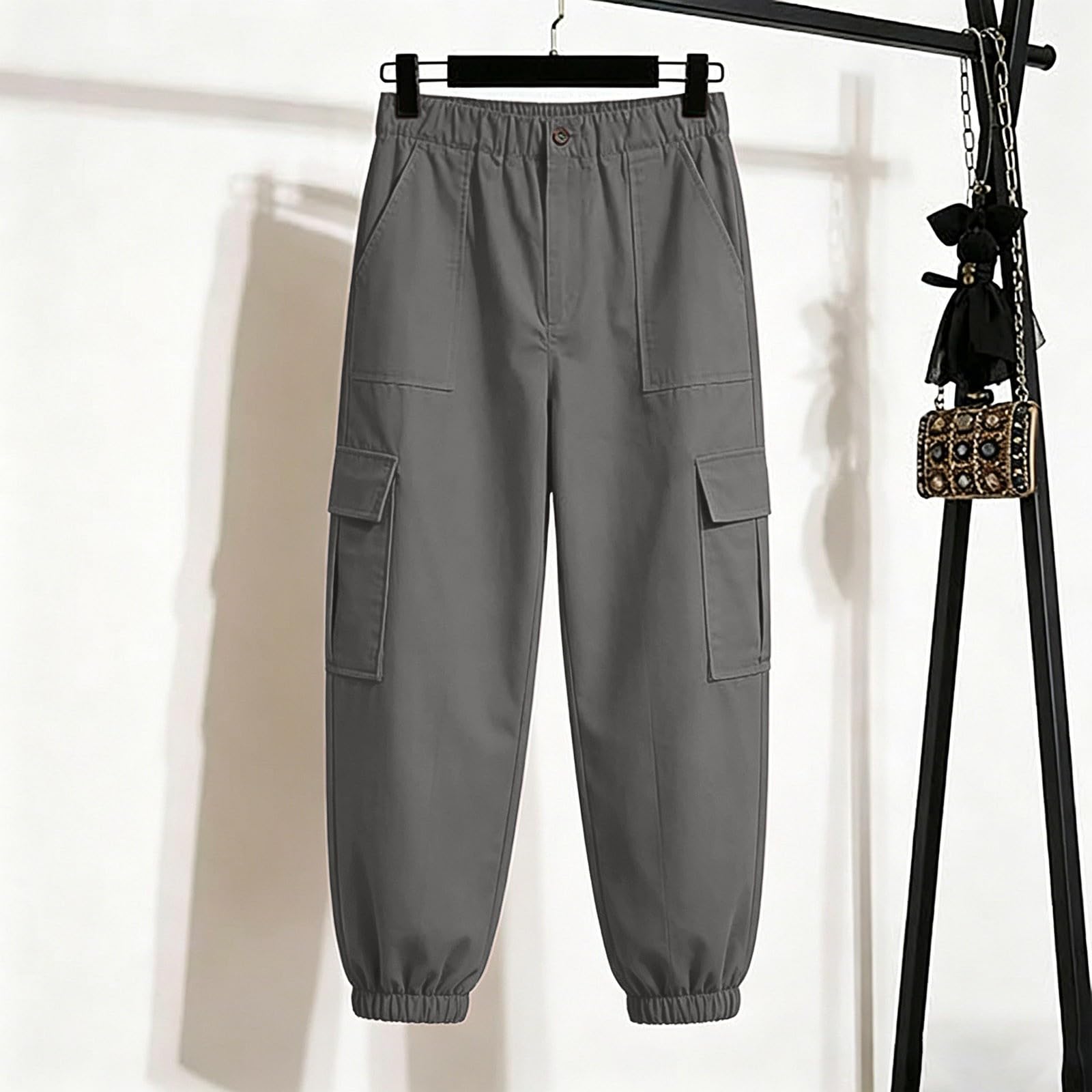 Pantalon Cargo Femme 3/4 Pantalon Cargo, D'été Pantalon avec, Poches, Décontracté Pantacourt, Jogger Taille Elastique Casual Sportswear, Couleur Unie Respirant