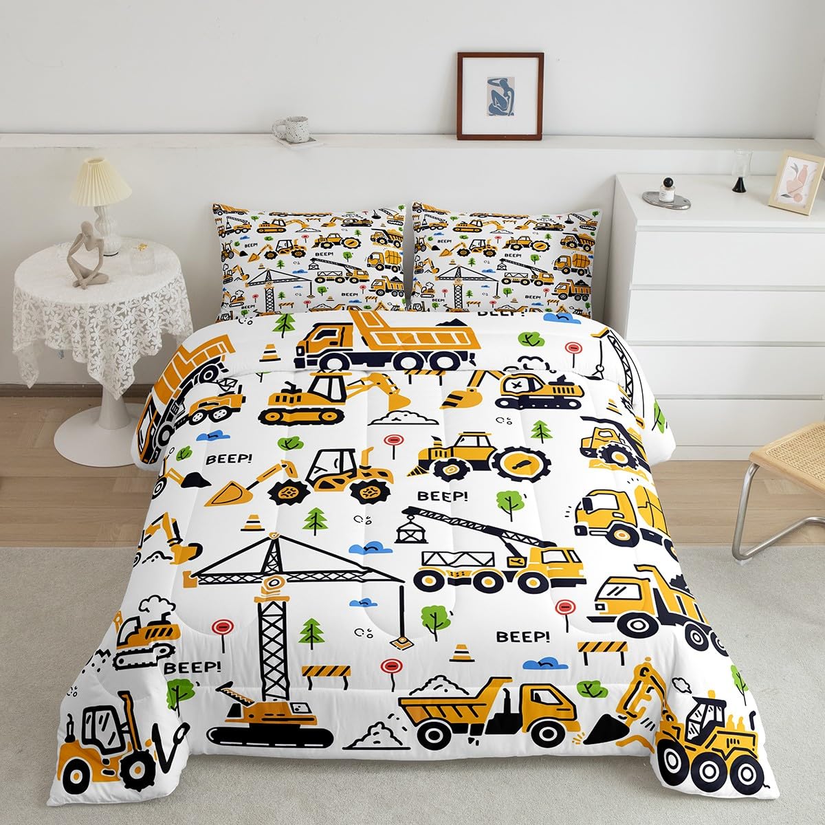 Feelyou Construction Truck Bedding Set Kids Boys Cartoon Excavator Vehicle Tractor Cars Comforter Set Queen Size Machinery Equipment Duvet Insert Yellow Decor