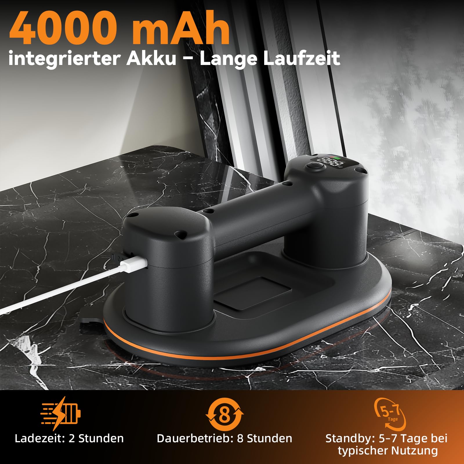 Akku Saugheber für Fliesen, 2 Stück | Tragkraft Max.300KG · 4000mAh Akku · Auto Nachsaugfunktion · Doppelmotor · LCD-Anzeige