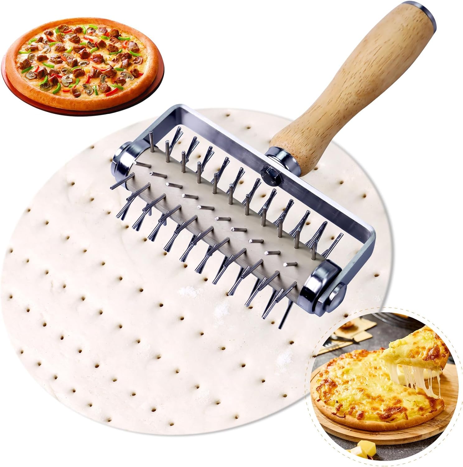 Stainless Steel Pizza Docker, with Wooden Handle, Pizza Roller with Spikes, Roller Docker, Pizze Hole Puncher, Dough perforator, Pastry, Cookie, Bread, Crust, Baking Dough Piercer