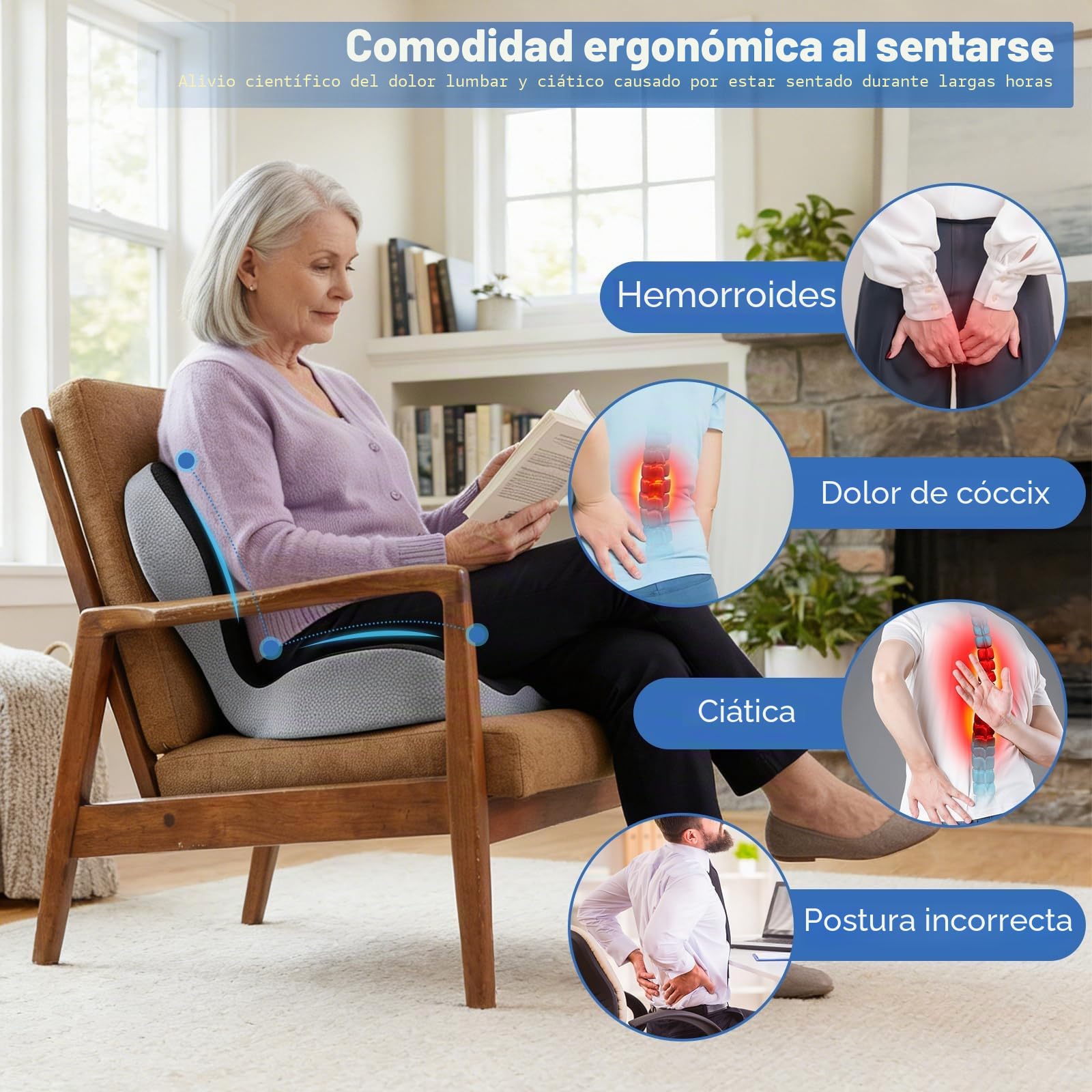 Cojin Silla Oficina,Cojin Coxis Espuma de Memoria | 2 en 1 Cojín de Asiento y Almohada de Apoyo Lumbar,Ortopédico, para Silla Oficina, Coche, Alivio del Dolor y la Ciática