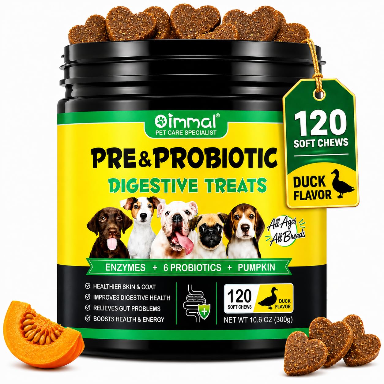 Probiotics for Dogs, 120 Natural Duck Soft Chews with 6 Probiotic Strains, Prebiotics, Digestive Enzymes & Pumpkin | Pre & Probiotic Blend to Support Daily Gut Health, Digestion, Skin & Coat Support